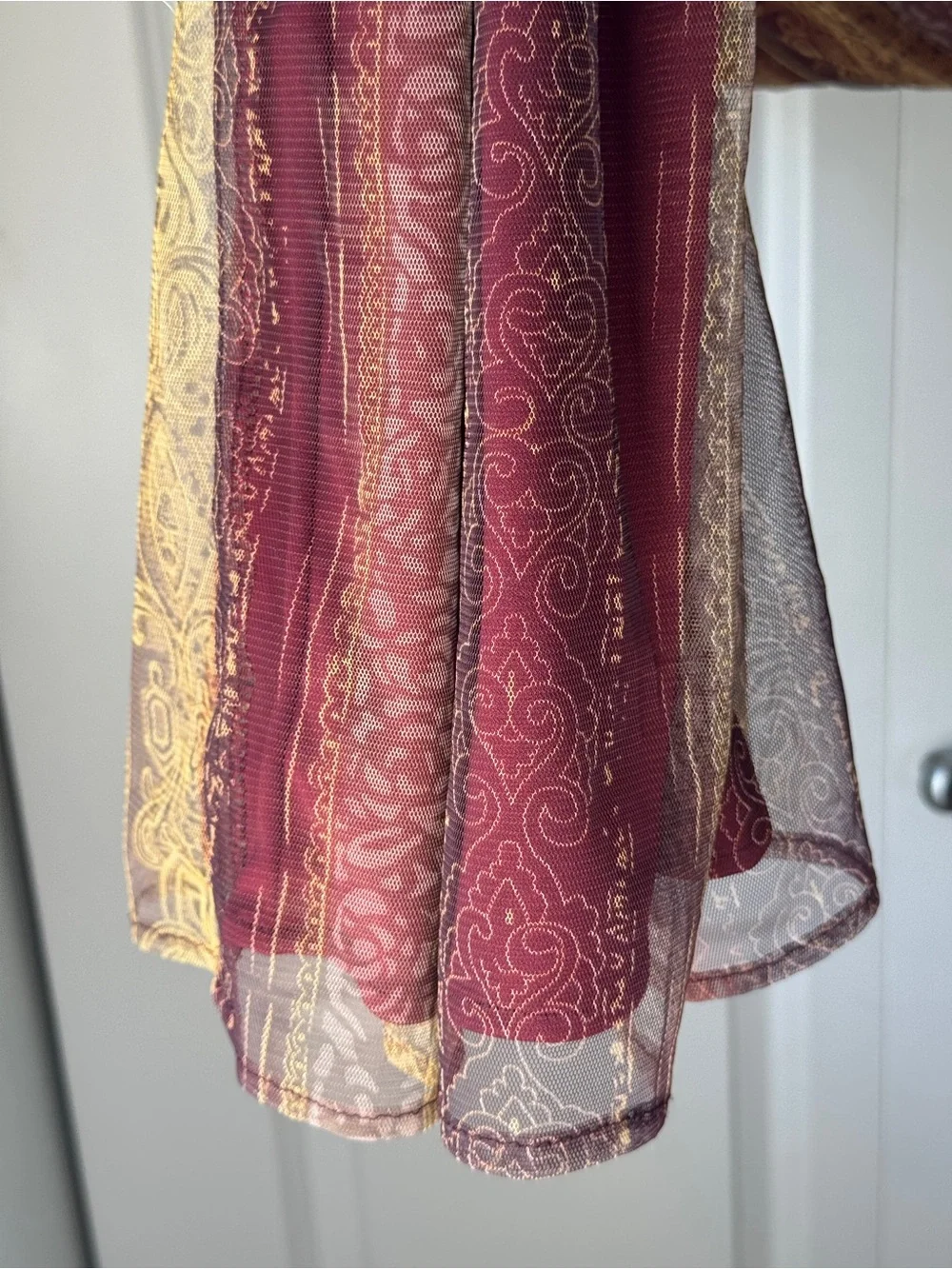 Vintage Y2K Boho Maxi Slip Dress Burgundy Gold Damask Scroll Stripe Mesh Size M - Picture 7 of 12